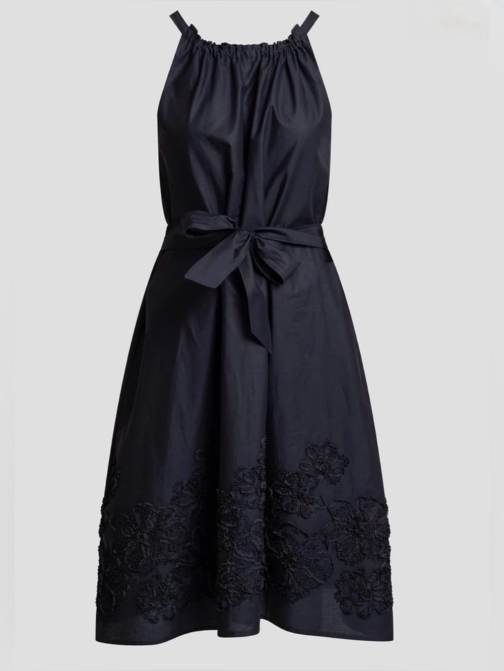 Natori Black Halter-Style Midi Dress with Embroidered Hem